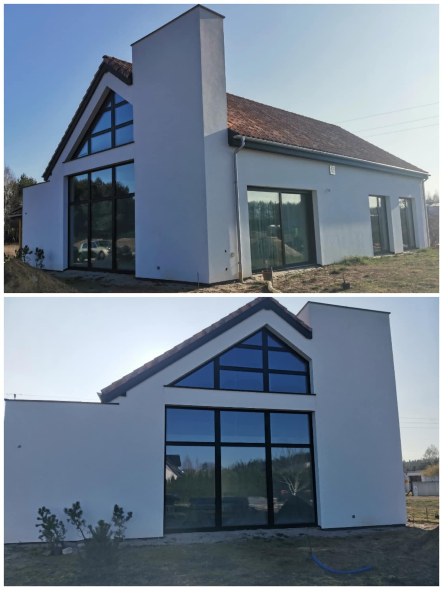 Nowoczesny dom jednorodzinny z dużymi przeszkleniami, białą elewacją i czerwoną dachówką, widok z dwóch różnych perspektyw.