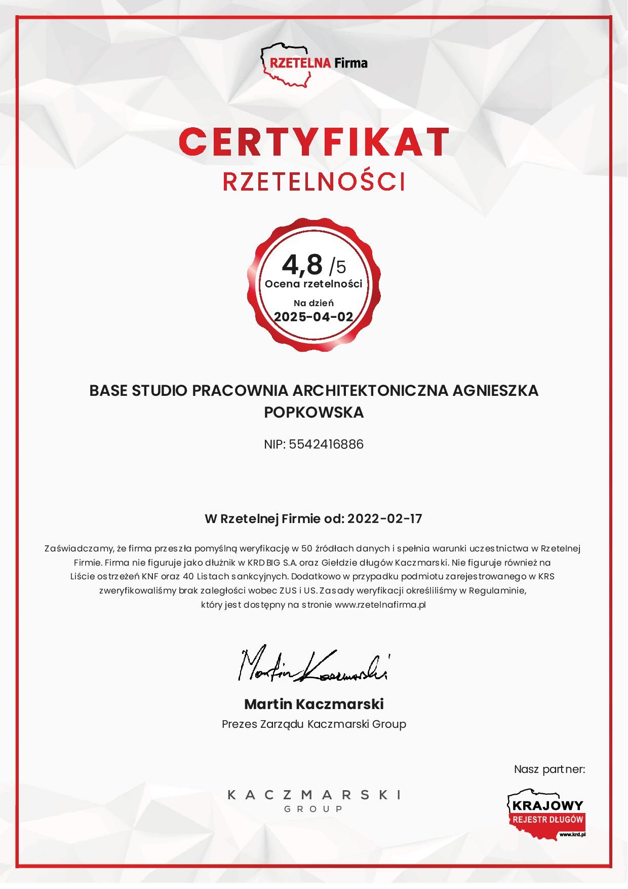 Certyfikat rzetelności dla pracowni architektonicznej Agnieszki Popkowskiej z oceną 4.8/5, ważny do 2025-04-02, wydany przez Rzetelną Firmę, z podpisem Martina Kaczmarskiego i logo Kaczmarski Group...