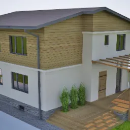 Wizualizacja dwukondygnacyjnego domu z drewnianą elewacją na piętrze, białym parterem i zadaszonym tarasem z drewnianą podłogą i szklanymi panelami.