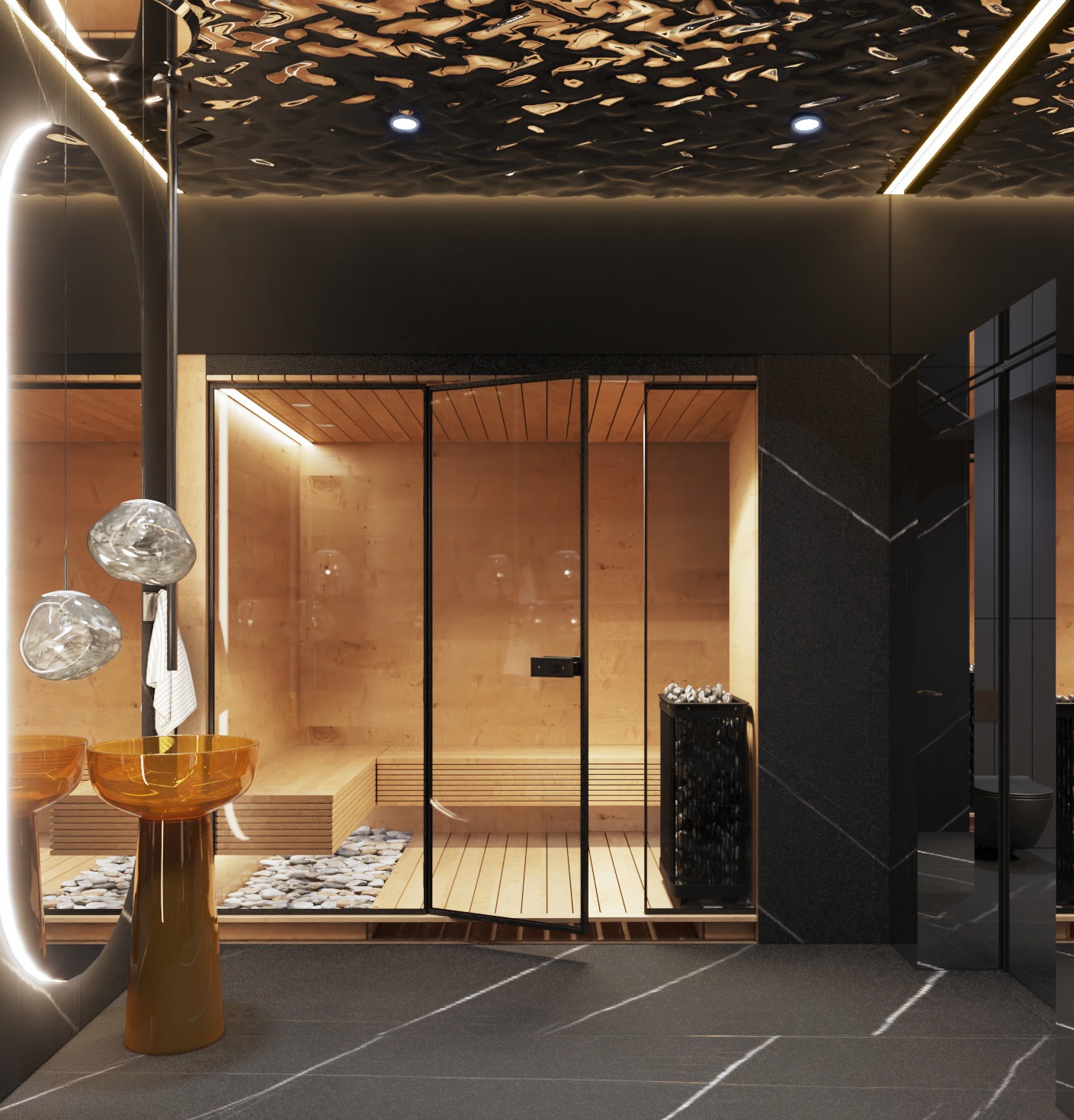 Nowoczesna łazienka z sauną: złote umywalki na postumentach, kamienny dywanik, drewniane wnętrze sauny, marmurowe ściany i sufit z efektem lustra.