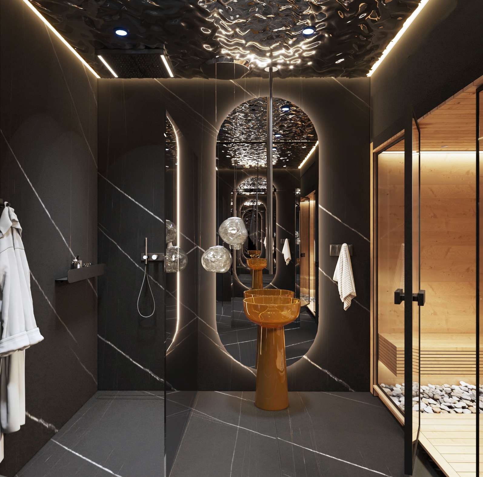 Nowoczesna łazienka z czarnym marmurem, podświetlanym lustrem w kształcie portalu i sauną. Umywalka na postumencie w kolorze bursztynu. Minimalistyczny design.
