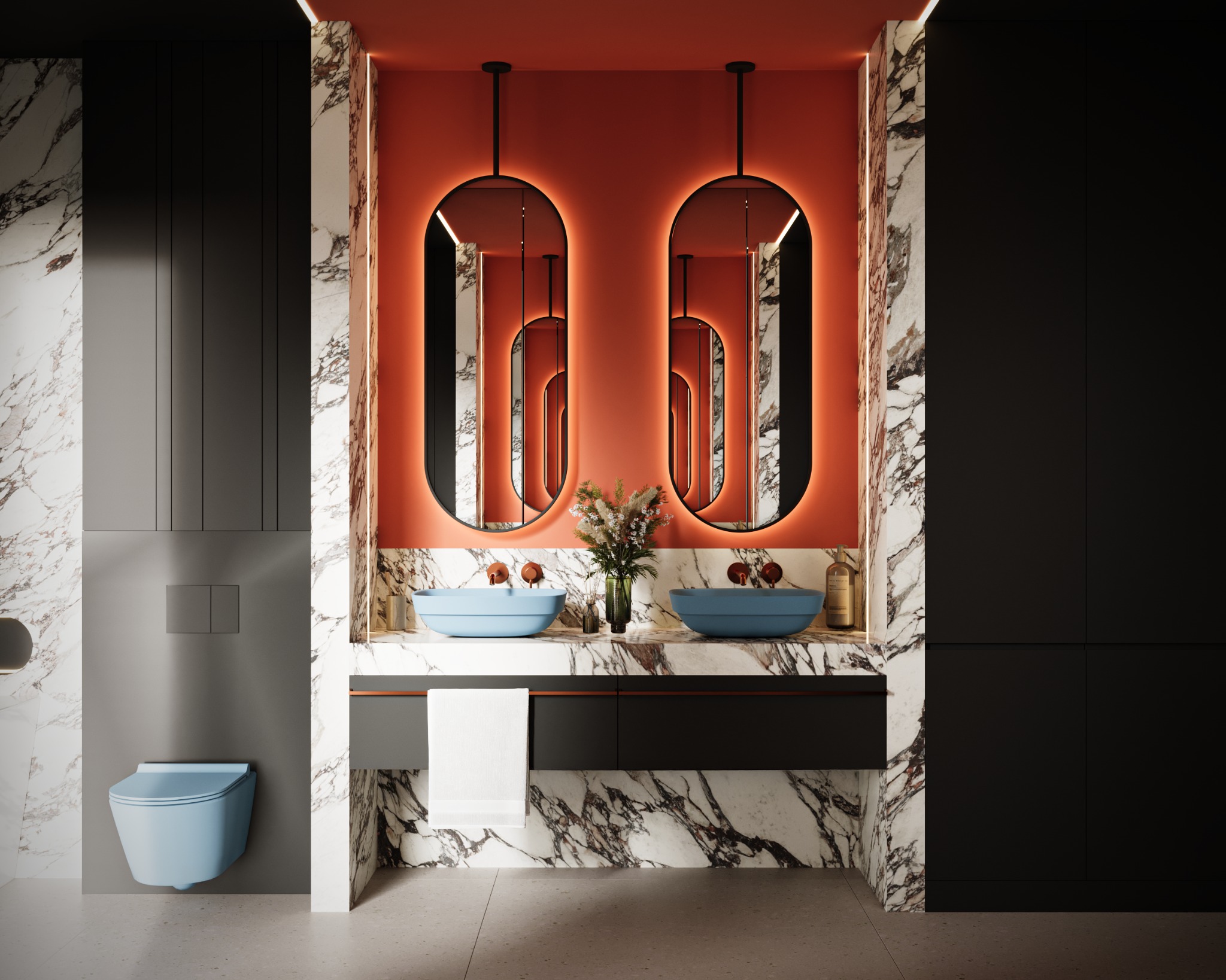 Nowoczesna łazienka z dwoma błękitnymi umywalkami, marmurowym wykończeniem i podświetlanymi lustrami owalnymi. Minimalistyczny design z akcentem kolorystycznym.