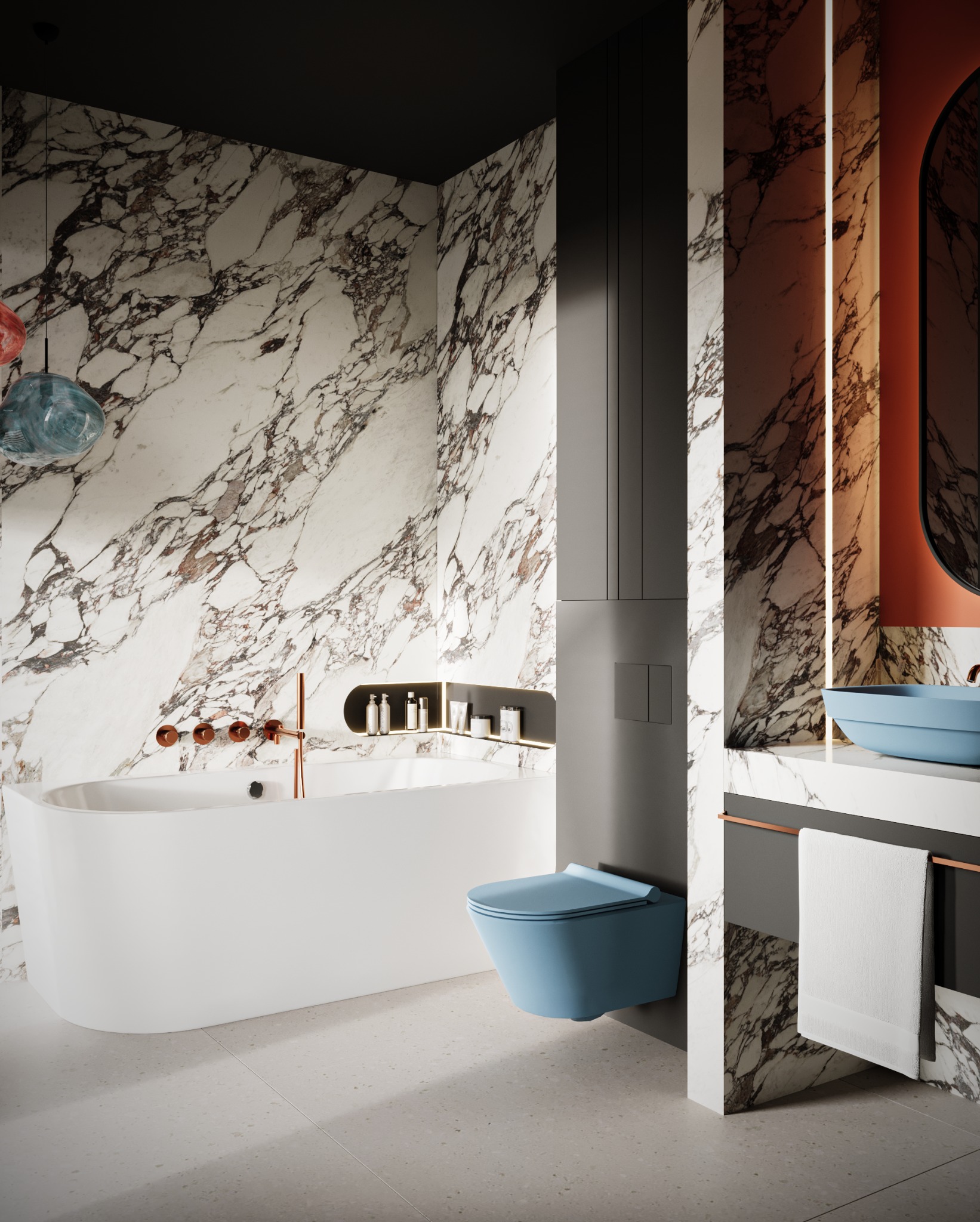 Luksusowa łazienka z marmurowymi ścianami, wolnostojącą wanną, błękitną toaletą i umywalką. Nowoczesny design z elementami miedzi i minimalistycznym oświetleniem.