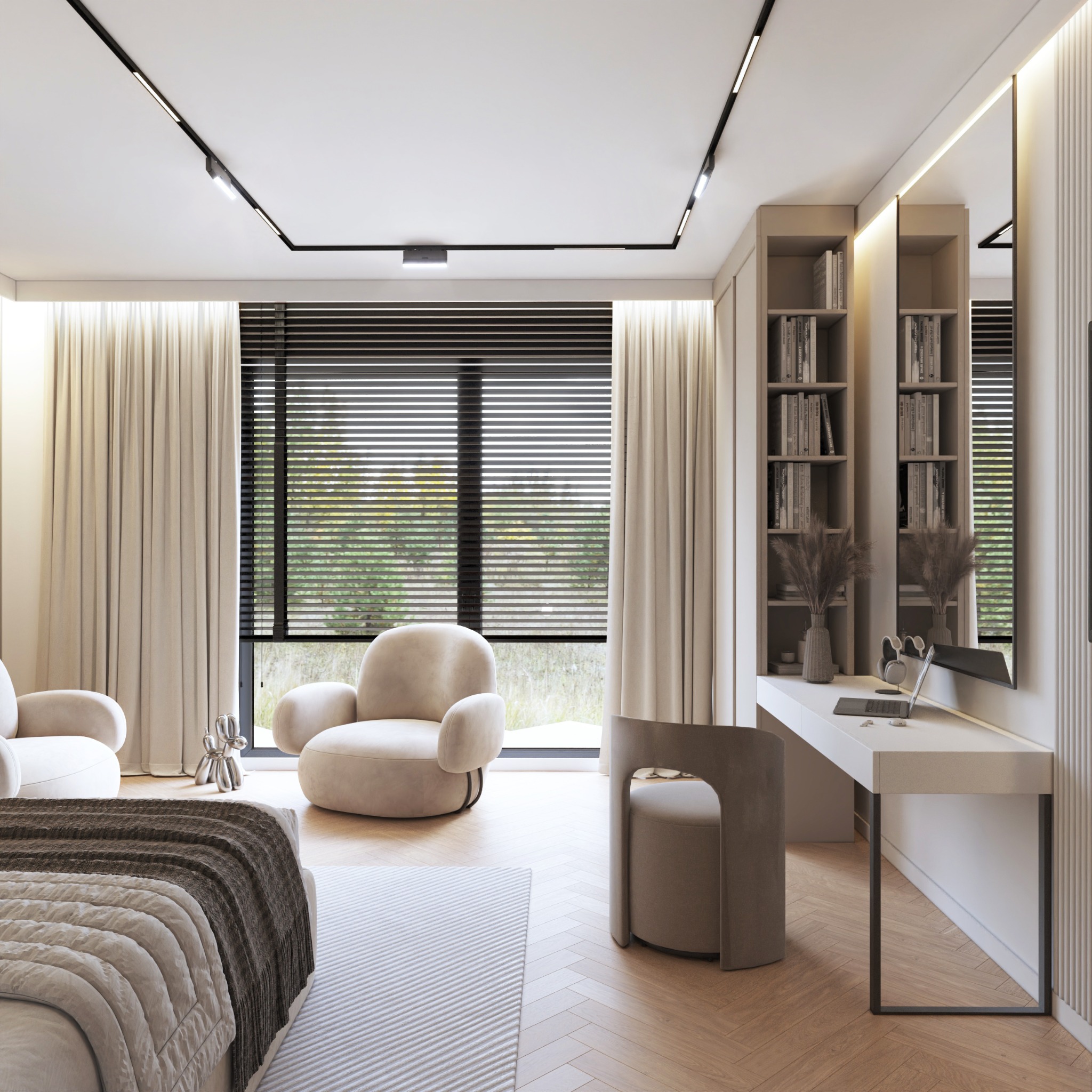 Jasna sypialnia w stylu minimalistycznym z dużym oknem, beżowymi fotelami i toaletką z lustrem. Parkiet w jodełkę, stonowana kolorystyka, nowoczesne oświetlenie.