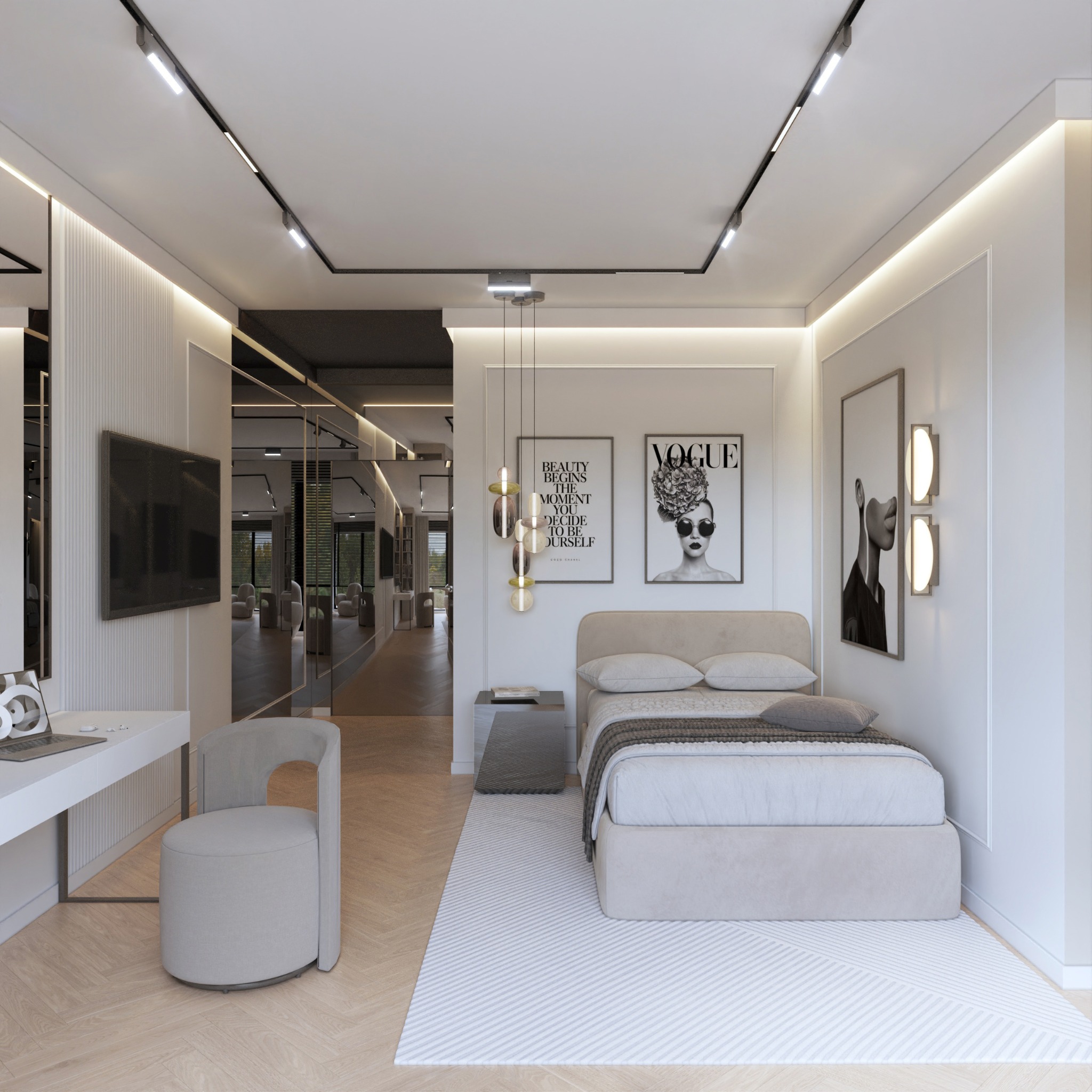 Nowoczesna sypialnia z łóżkiem, biurkiem i lustrem. Minimalistyczny design, oświetlenie LED, plakaty na ścianach. Widok na salon przez otwarte przejście.