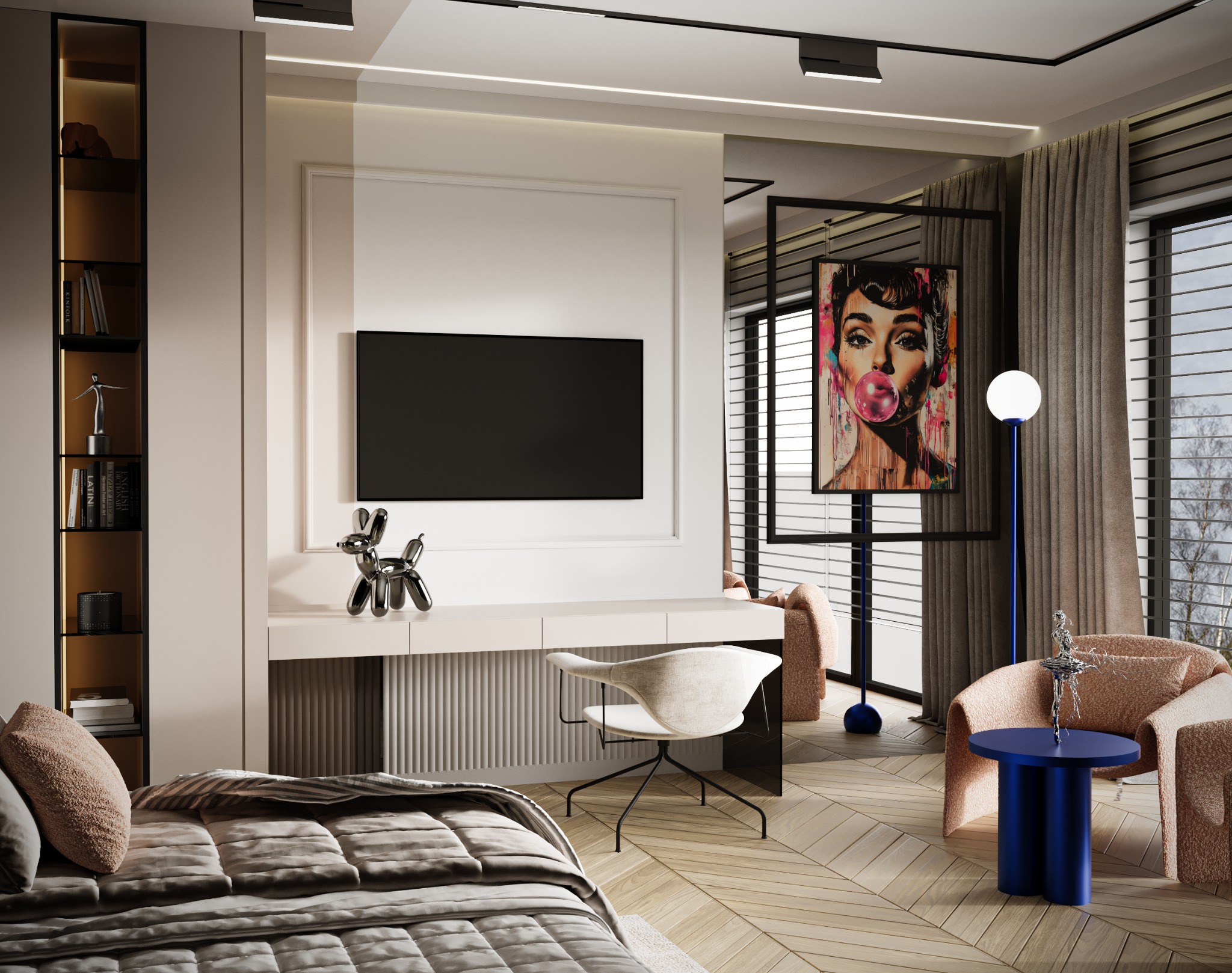 Nowoczesna aranżacja sypialni z biurkiem i telewizorem. Jasne kolory, drewniana podłoga w jodełkę, designerskie dodatki i obraz z Audrey Hepburn. Stonowana elegancja.