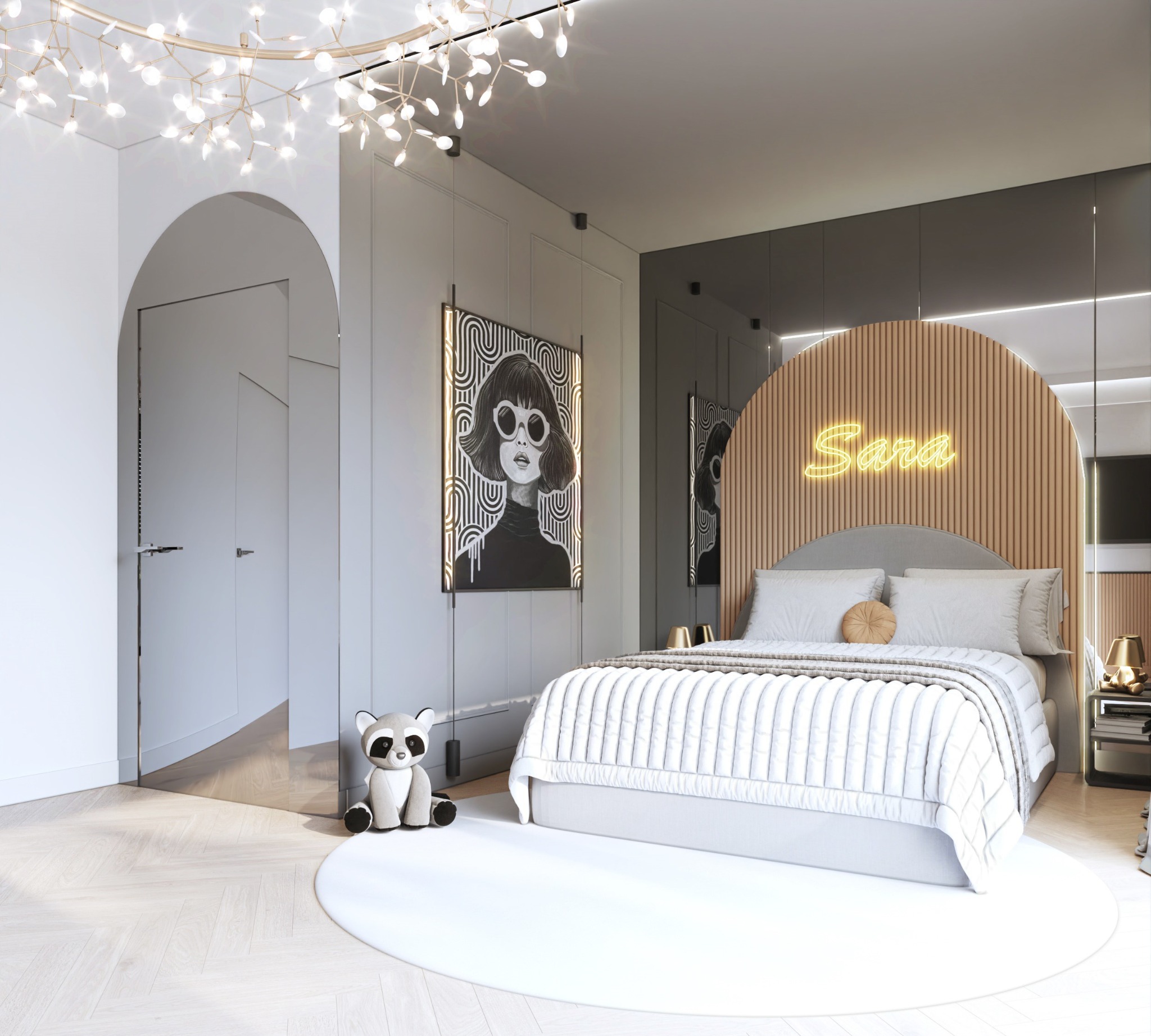 Nowoczesna sypialnia dziecięca z łóżkiem, okrągłym dywanem i neonem 'Sara' nad wezgłowiem. Na ścianie grafika w stylu retro. Całość w stonowanej kolorystyce.