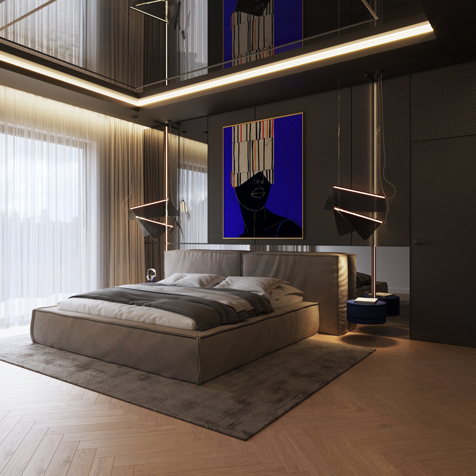Nowoczesna sypialnia z łóżkiem kontynentalnym, abstrakcyjnym obrazem na ścianie i designerskimi lampami wiszącymi. Lustrzany sufit i parkiet w jodełkę.