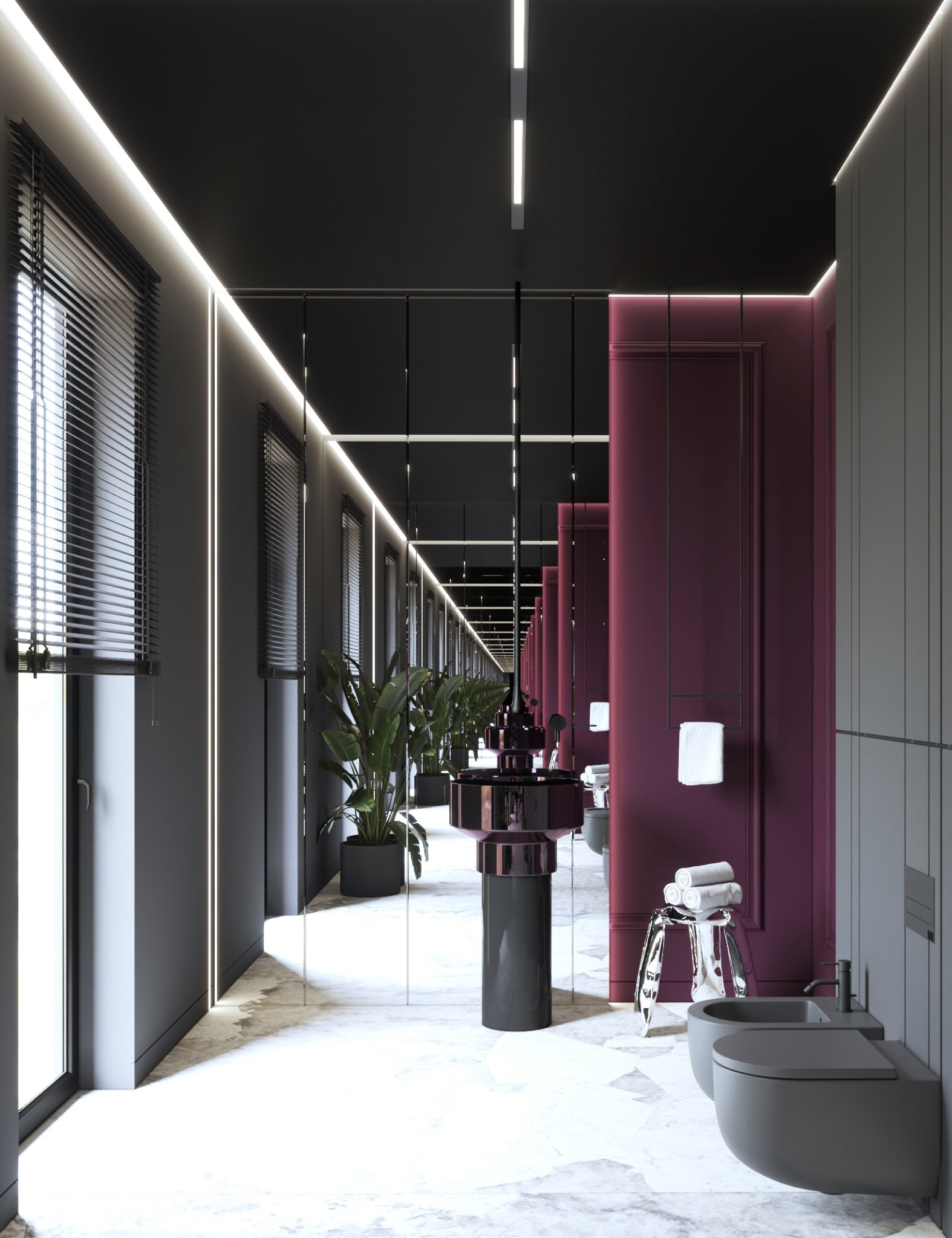 Nowoczesna aranżacja łazienki w Siedlcach. Lustrzane ściany tworzą iluzję nieskończoności, podkreślone liniowym oświetleniem LED i burgundowymi akcentami. Minimalistyczny design.