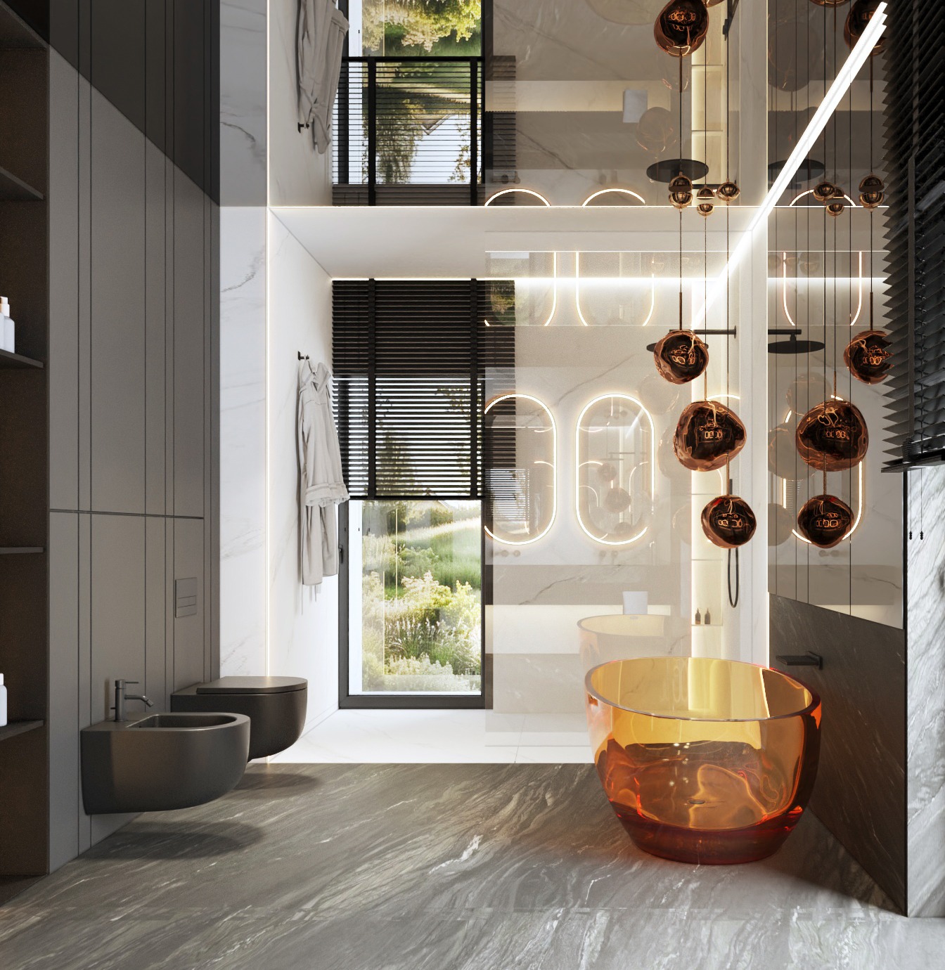 Nowoczesna łazienka z marmurową podłogą, wolnostojącą wanną z pomarańczowego szkła i oknem z widokiem na zieleń. Minimalistyczne oświetlenie i armatura w ciemnych odcieniach.