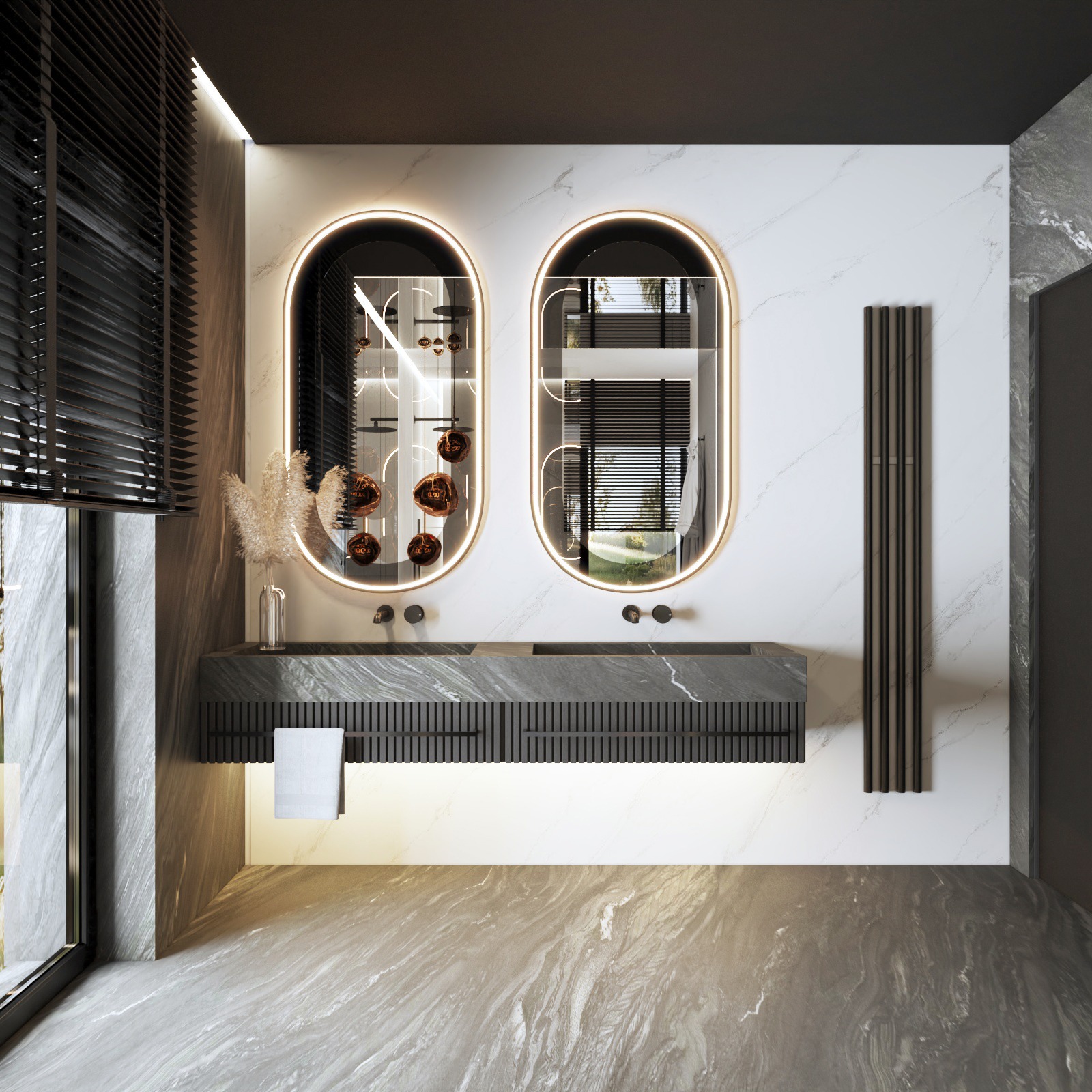 Nowoczesna łazienka z marmurową podłogą i ścianami. Dwa podświetlane, owalne lustra nad umywalką z szufladami. Minimalistyczny grzejnik drabinkowy i rolety okienne.