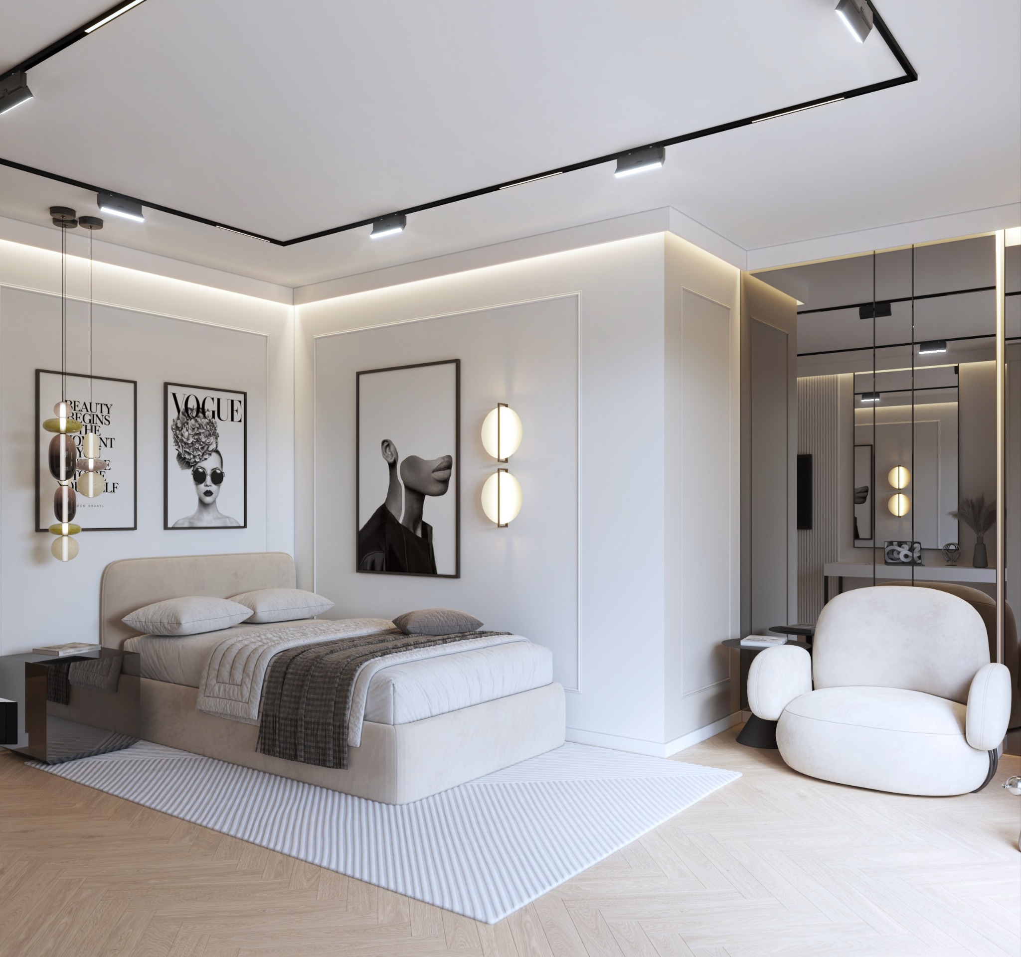 Nowoczesna sypialnia z beżowym łóżkiem, fotel w stylu retro i designerskie oświetlenie. Na ścianach grafiki w czarnych ramach. Parkiet w jodełkę.