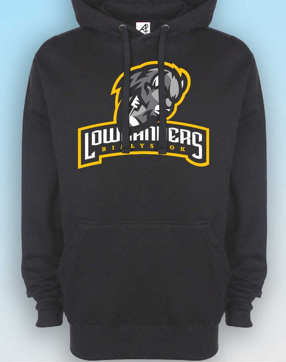 Czarna bluza z kapturem z nadrukiem przedstawiającym zwierzę (borsuk?) i napisem 'LOWLANDERS BILYSOK' w żółto-białej obwódce.