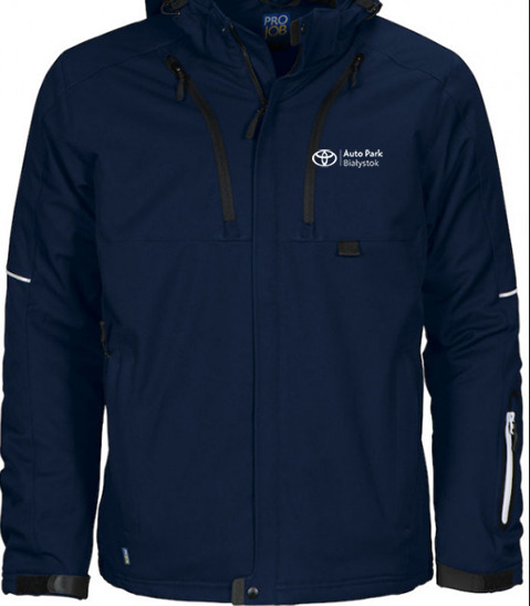 Granatowa kurtka robocza z kapturem marki ProJob z białym logo Auto Park Białystok na piersi.