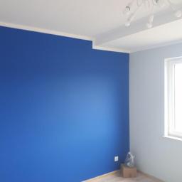 Group Service PL - Pomieszczenie po malowaniu ścian na kolor kobaltowy i jasnoszary, widoczny biały sufit z lampą i drewniana podłoga, kartonowe pudło w rogu.