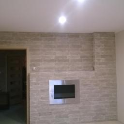 Renomex - Ściana wykończona szarą okładziną imitującą kamień z wbudowanym biokominkiem w metalowej obudowie, widoczny fragment otwartych drzwi z przeszkleniami.