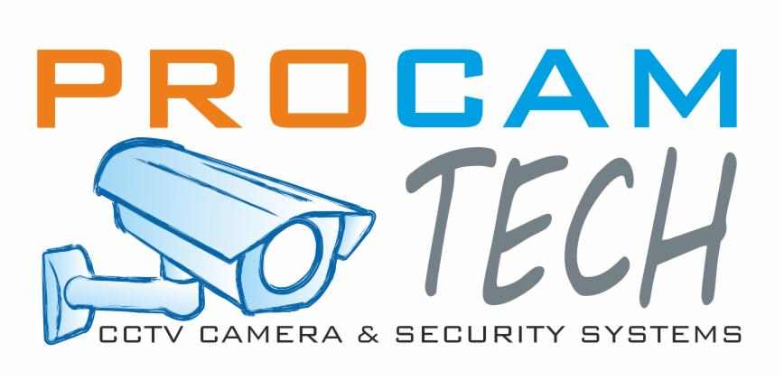 Ilustracja logo firmy Procam Tech, specjalizującej się w systemach CCTV i zabezpieczeń, z stylizowanym rysunkiem kamery przemysłowej w odcieniach niebieskiego.