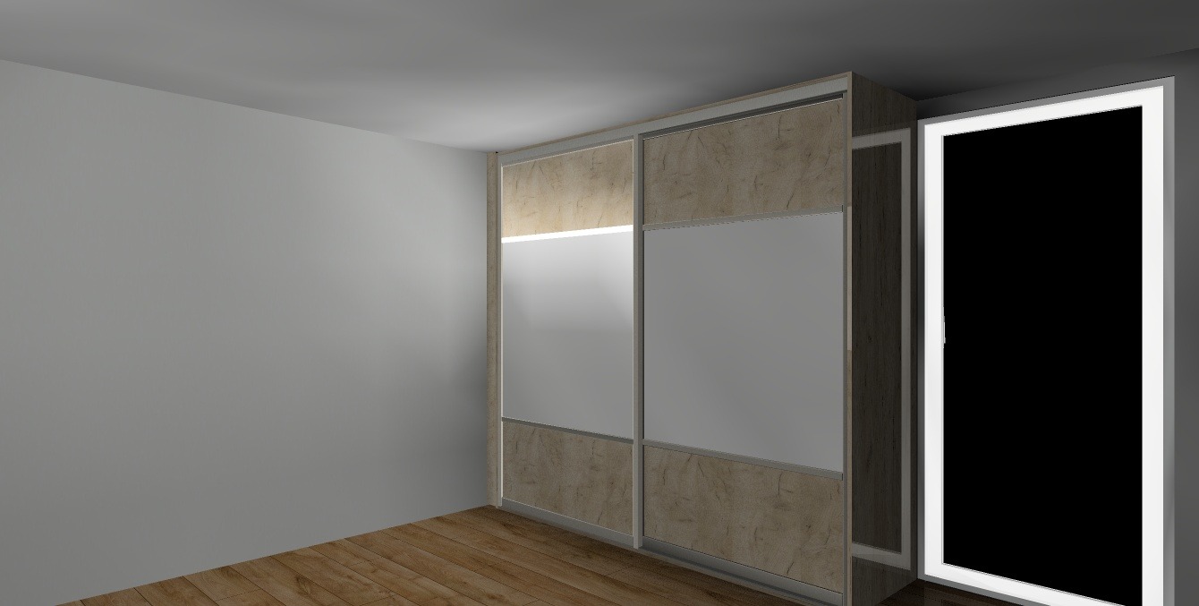 Wizualizacja szafy przesuwnej z dwiema parami drzwi, z panelami w kolorze jasnego drewna i białymi wstawkami, oświetlona listwą LED, na tle drewnianej podłogi i szarej ściany.