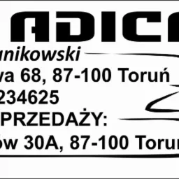 Wizytówka firmy FHU Adicar z adresem ul. Jodłowa 68 i punktem sprzedaży przy ul. Wielki Rów 30A w Toruniu, NIP 8791234625, z graficznym symbolem samochodu.