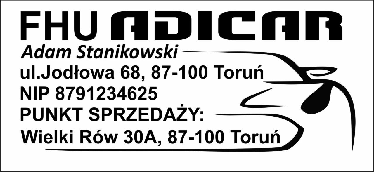 Wizytówka firmy FHU Adicar z adresem ul. Jodłowa 68 i punktem sprzedaży przy ul. Wielki Rów 30A w Toruniu, NIP 8791234625, z graficznym symbolem samochodu.