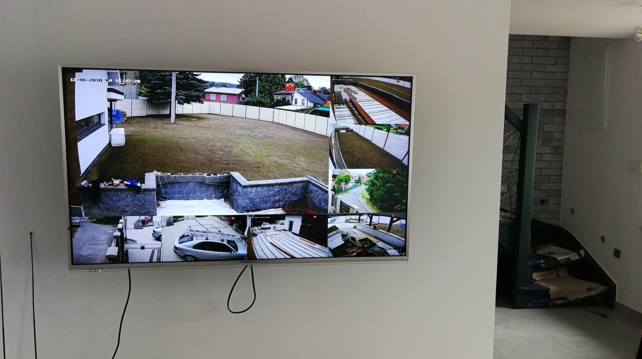 Monitor LCD na ścianie wyświetla obraz z systemu monitoringu wizyjnego, prezentujący widok z kilku kamer na posesję z domem, podwórkiem i elementami budowy.