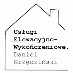 Logo firmy świadczącej usługi elewacyjno-wykończeniowe, nazwa firmy: Daniel Grzędziński, grafika w kształcie domu.