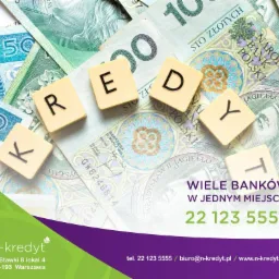 Banknoty 50 i 100 złotych z literami układającymi słowo KREDYTY, napis 'Wiele banków w jednym miejscu!' i logo n-kredyt