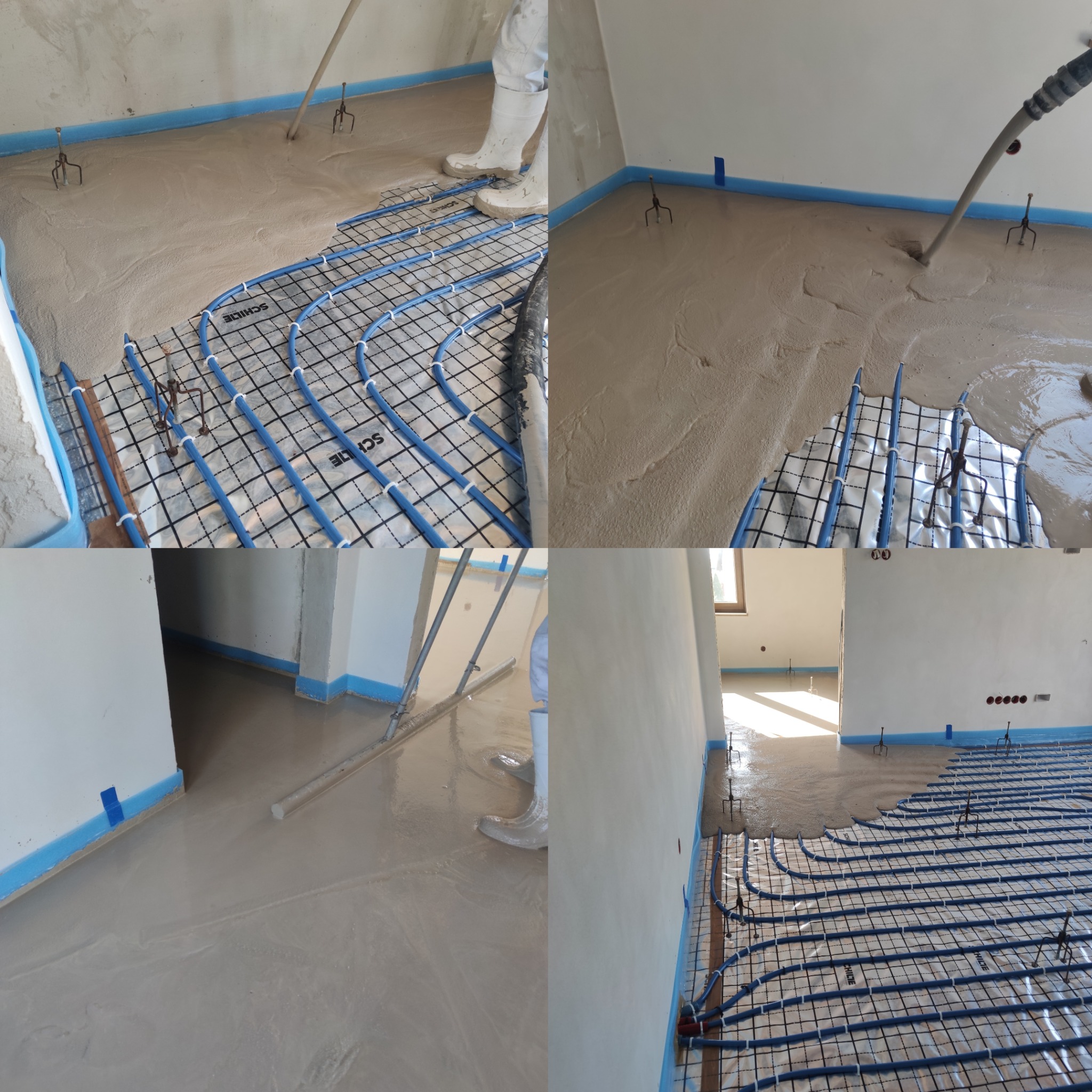 Wylewka anhydrytowa rozprowadzana na ogrzewaniu podłogowym z niebieskimi rurami, widoczne buty robocze i narzędzia do rozprowadzania w pomieszczeniu z zabezpieczonymi ścianami.