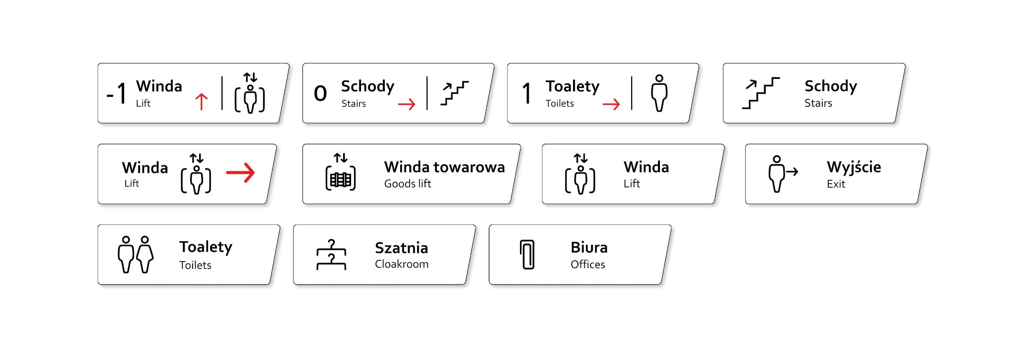 Zestaw piktogramów informacyjnych z nazwami w języku polskim i angielskim, przedstawiających windy, schody, toalety, szatnię i wyjście, na białym tle.