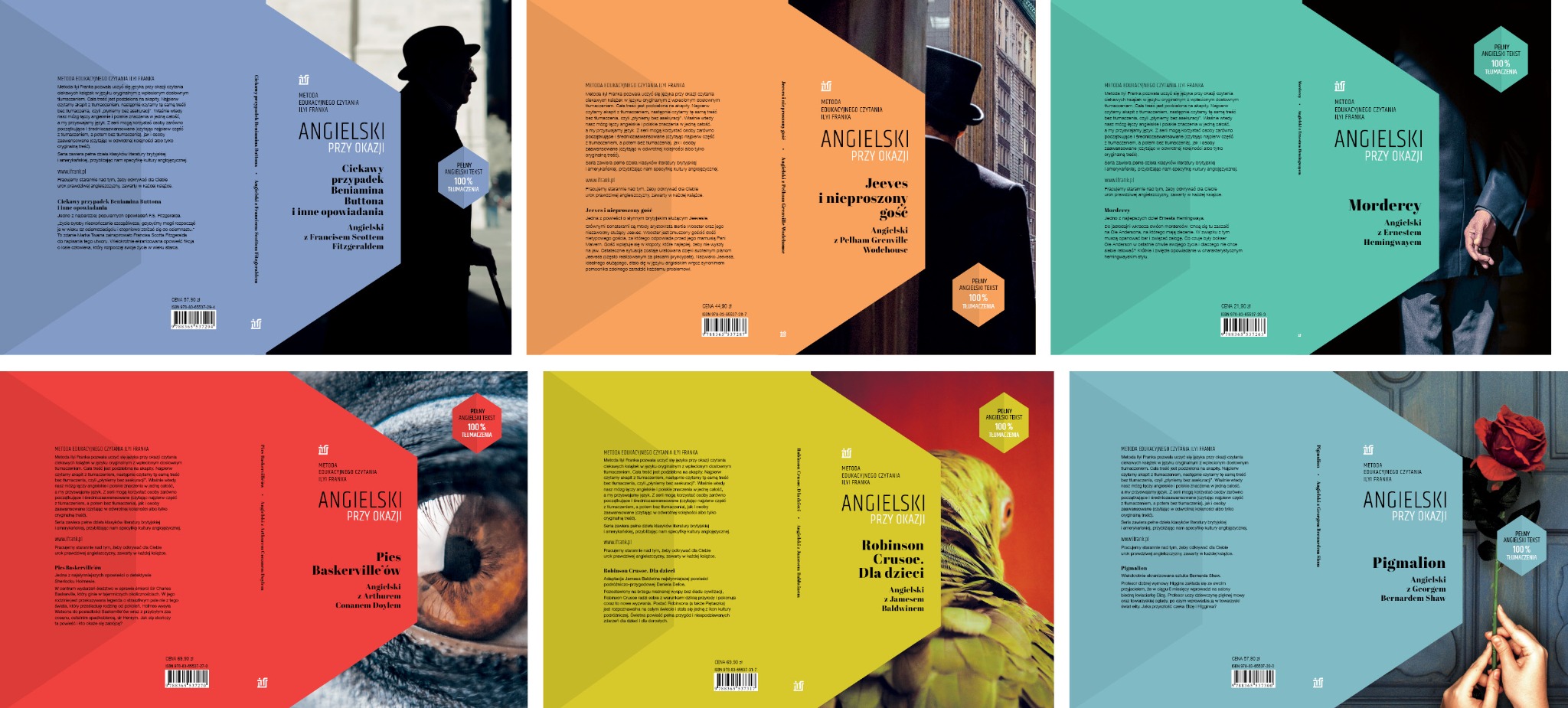 Seria okładek książek do nauki języka angielskiego, każda prezentuje tytuł, autora oraz logo serii 'Angielski przy okazji' i informację 'Pełny angielski tekst 100% tłumaczenia'.