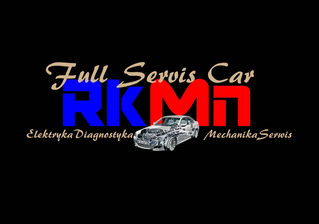 Logo firmy 'Full Servis Car RKMN' z grafiką samochodu z widocznym silnikiem, napisy 'Elektryka Diagnostyka' i 'Mechanika Serwis' na czarnym tle.