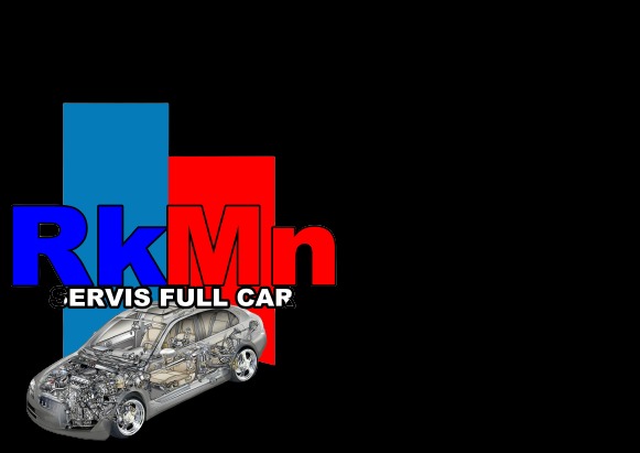 Logo firmy 'RkMn SERVIS FULL CAR' z wizualizacją przekroju samochodu na czarnym tle.