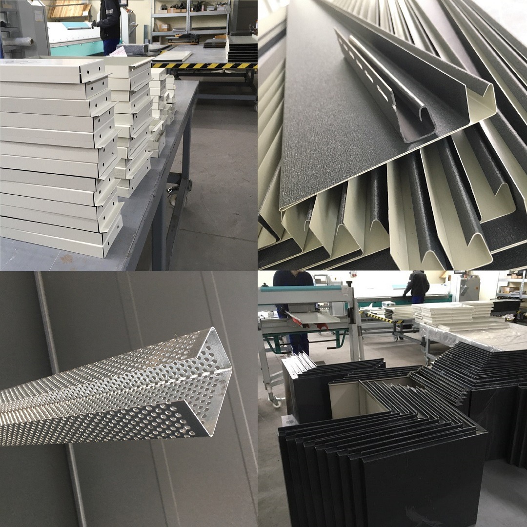 Kompilacja zdjęć przedstawiających elementy metalowe: stos białych profili z otworami, zbliżenie szarych profili z teksturą, perforowany profil o przekroju kwadratu oraz ułożone czarne elementy...