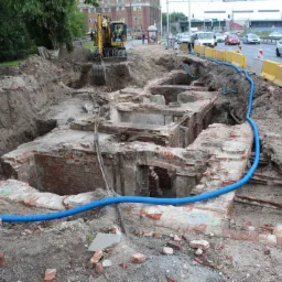 Odkryte fundamenty starego budynku z czerwonej cegły podczas prac ziemnych prowadzonych przy ruchliwej ulicy, widoczny wykop, niebieski wąż odwadniający i koparka w tle.