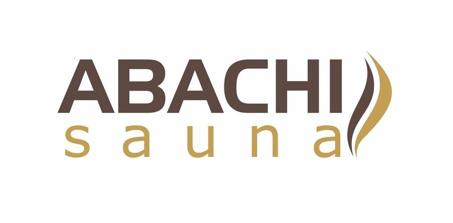 Logo firmy Abachi Sauna z brązowym napisem ABACCHI i złotym napisem sauna oraz stylizowanym symbolem pary.