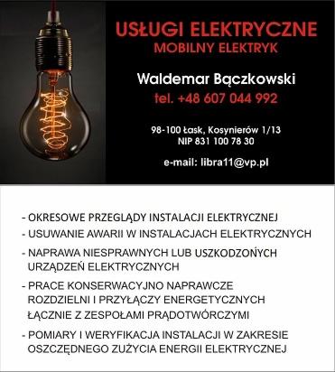 Ogłoszenie usług elektrycznych z dekoracyjną żarówką Edisona, numerem telefonu i listą oferowanych usług.