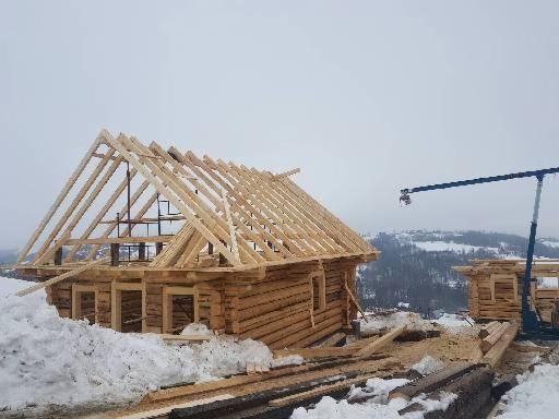 Budowa drewnianego domu w zimowej scenerii; widoczny szkielet konstrukcji dachu i dźwig na tle zalesionych wzgórz.