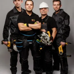 Portret czterech budowlańców w strojach roboczych z narzędziami (wiertarka, piła tarczowa) na szarym tle, z widocznym logotypem firmy budowlancy24.com na koszulce jednego z nich.