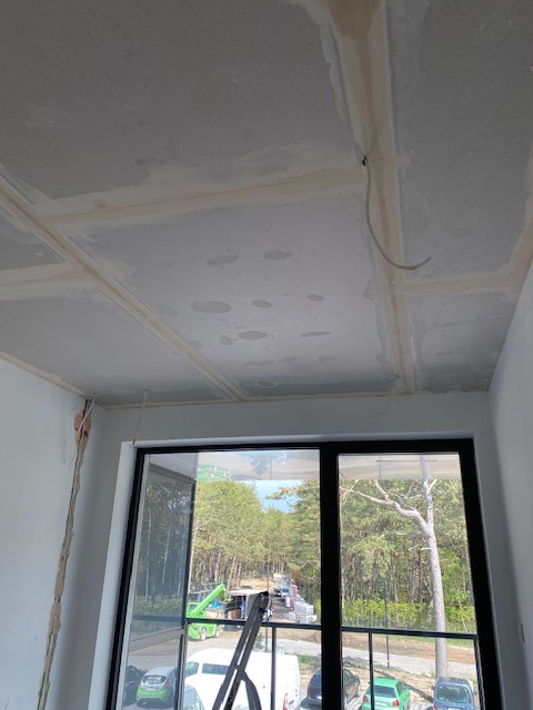 Sufit z płyt kartonowo-gipsowych, widoczne łączenia i szpachlowanie, kabel zwisający z sufitu, okno balkonowe z widokiem na las i plac budowy z dźwigiem.