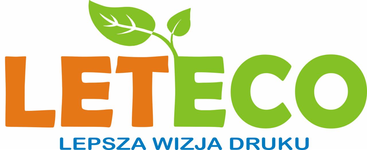 Logo firmy LETECO z hasłem 'LEPSZA WIZJA DRUKU', z zielonymi liśćmi symbolizującymi ekologię.