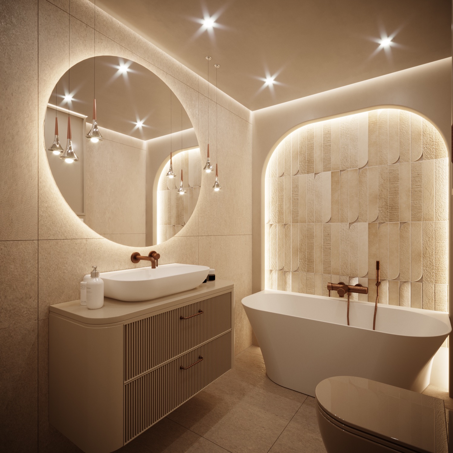 Nowoczesna łazienka w beżowych tonacjach z okrągłym lustrem podświetlonym LED, wiszącą umywalką na szafce z ryflowanymi frontami, wolnostojącą wanną i dekoracyjną ścianą z podświetlonych płytek.