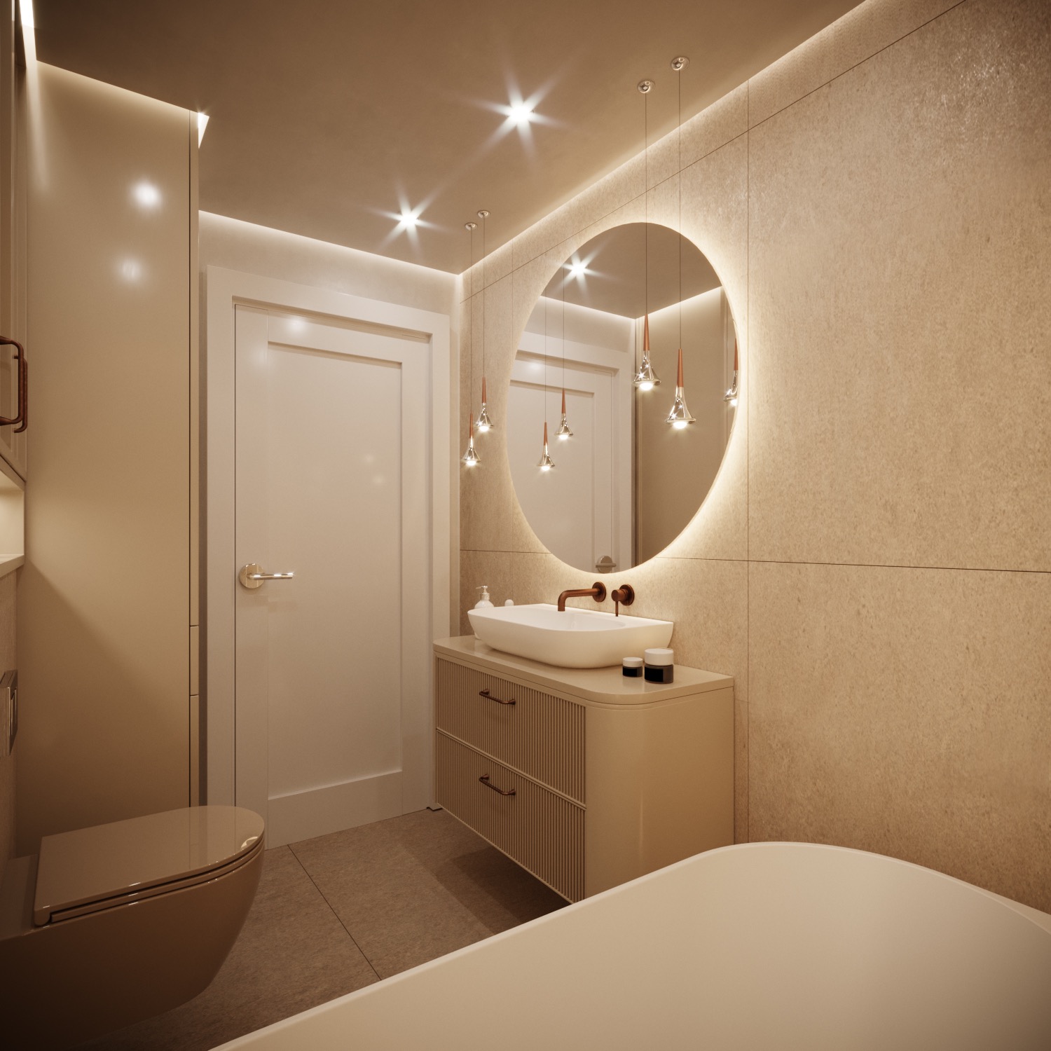 Nowoczesna łazienka w odcieniach beżu z podświetlanym okrągłym lustrem, wiszącymi lampami i umywalką na szafce z ryflowanym frontem. Widoczny fragment toalety i wanny.