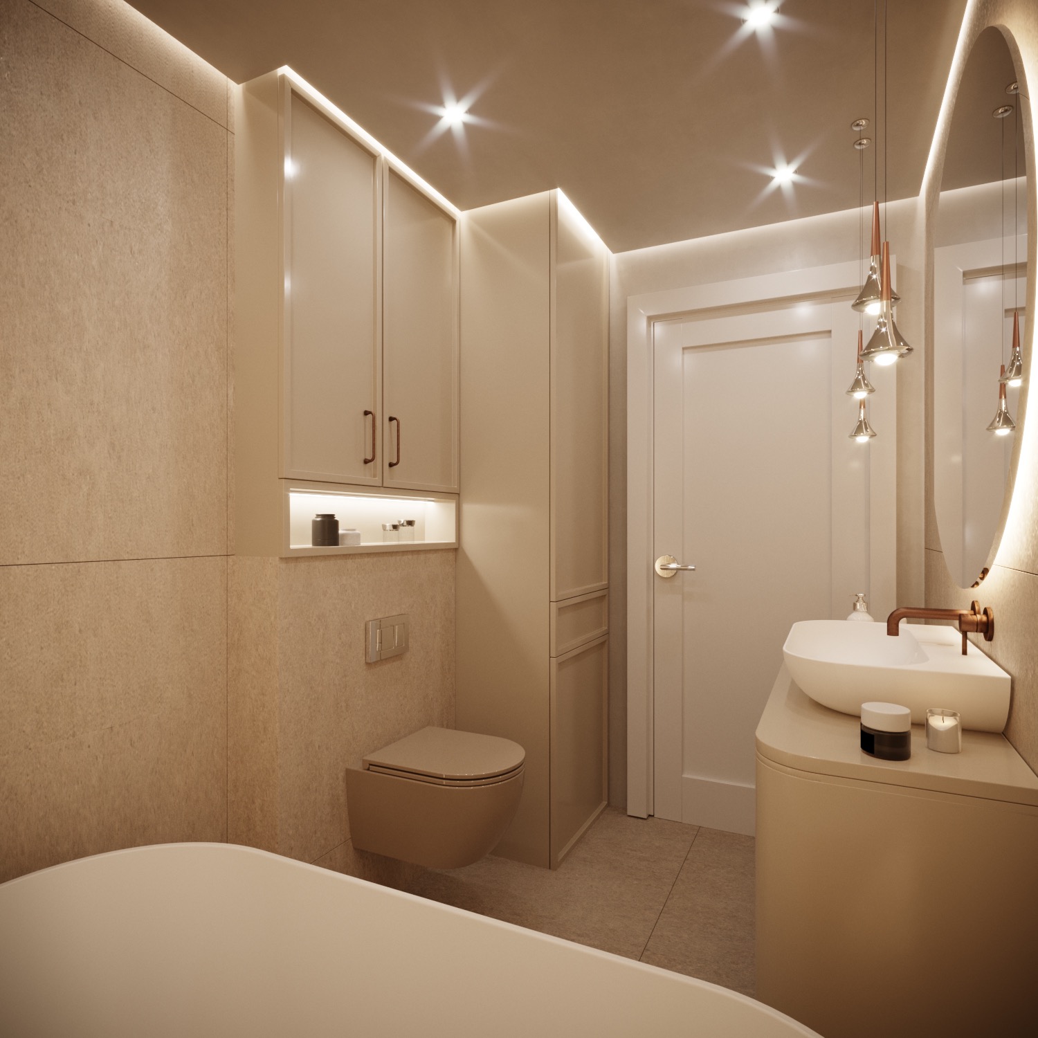 Elegancka aranżacja łazienki w odcieniach beżu z podświetlanym lustrem, wiszącą toaletą i minimalistyczną umywalką na blacie.