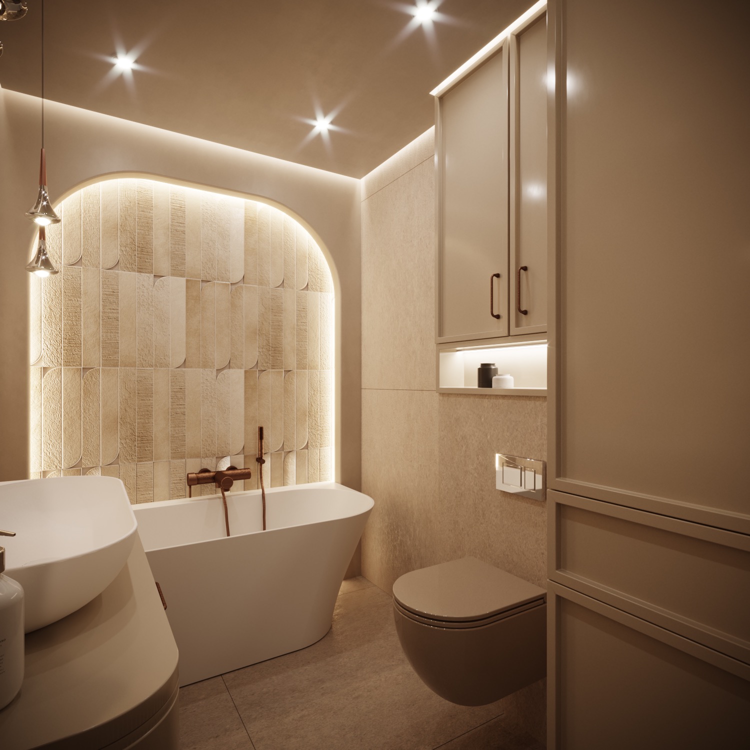 Nowoczesna łazienka w beżowych tonacjach z wolnostojącą wanną, umywalką nablatową, podwieszaną toaletą i szafkami, oświetlona ledowym światłem.