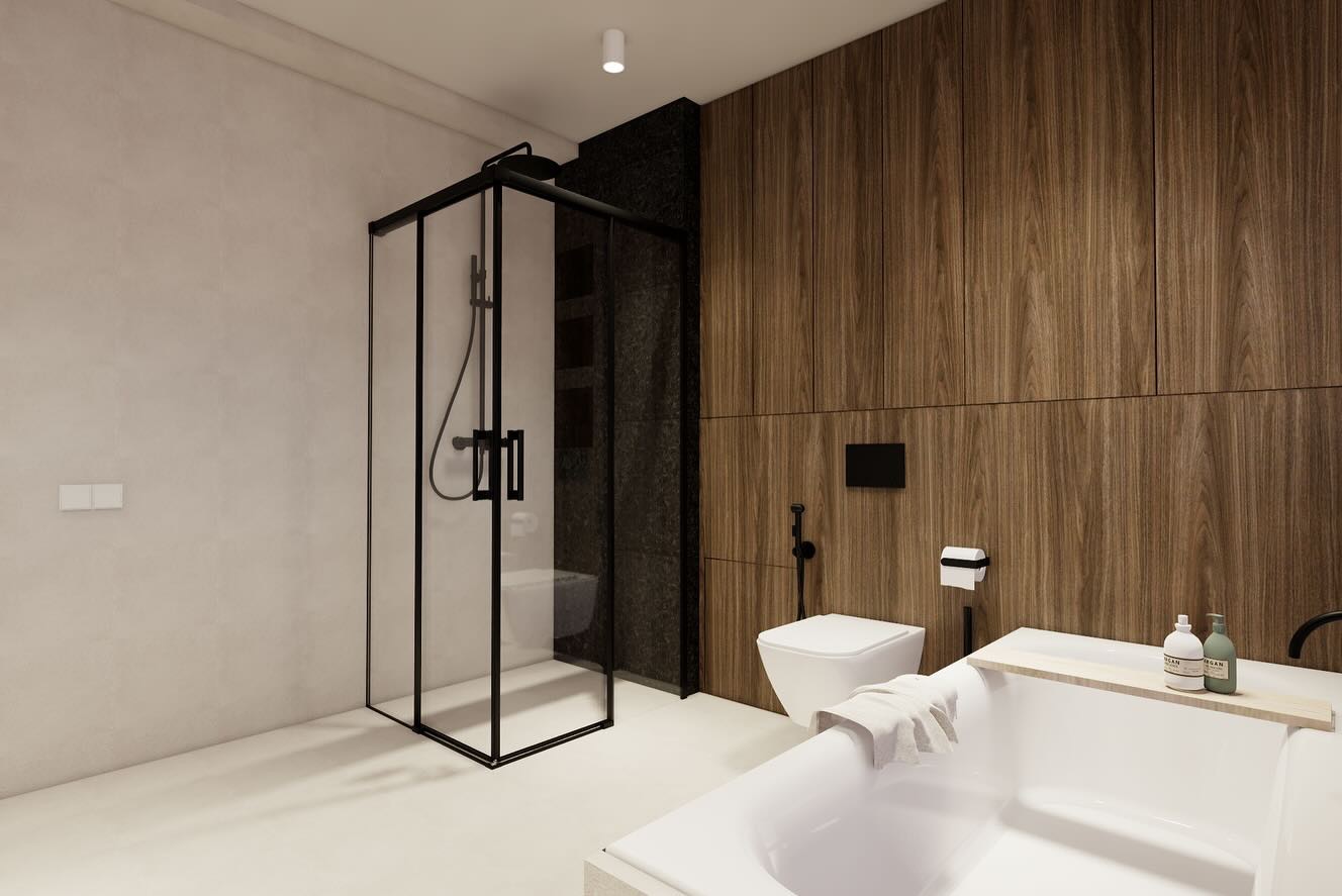 Nowoczesna łazienka z kabiną prysznicową w czarnej ramie, drewnianą ścianą, białą wanną i toaletą, minimalistyczny design.