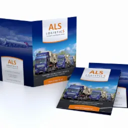 Katalog reklamowy firmy transportowej ALS Logistics prezentujący transport ponadgabarytowy i specjalistyczny, widoczne ciężarówki na tle błękitnego nieba.