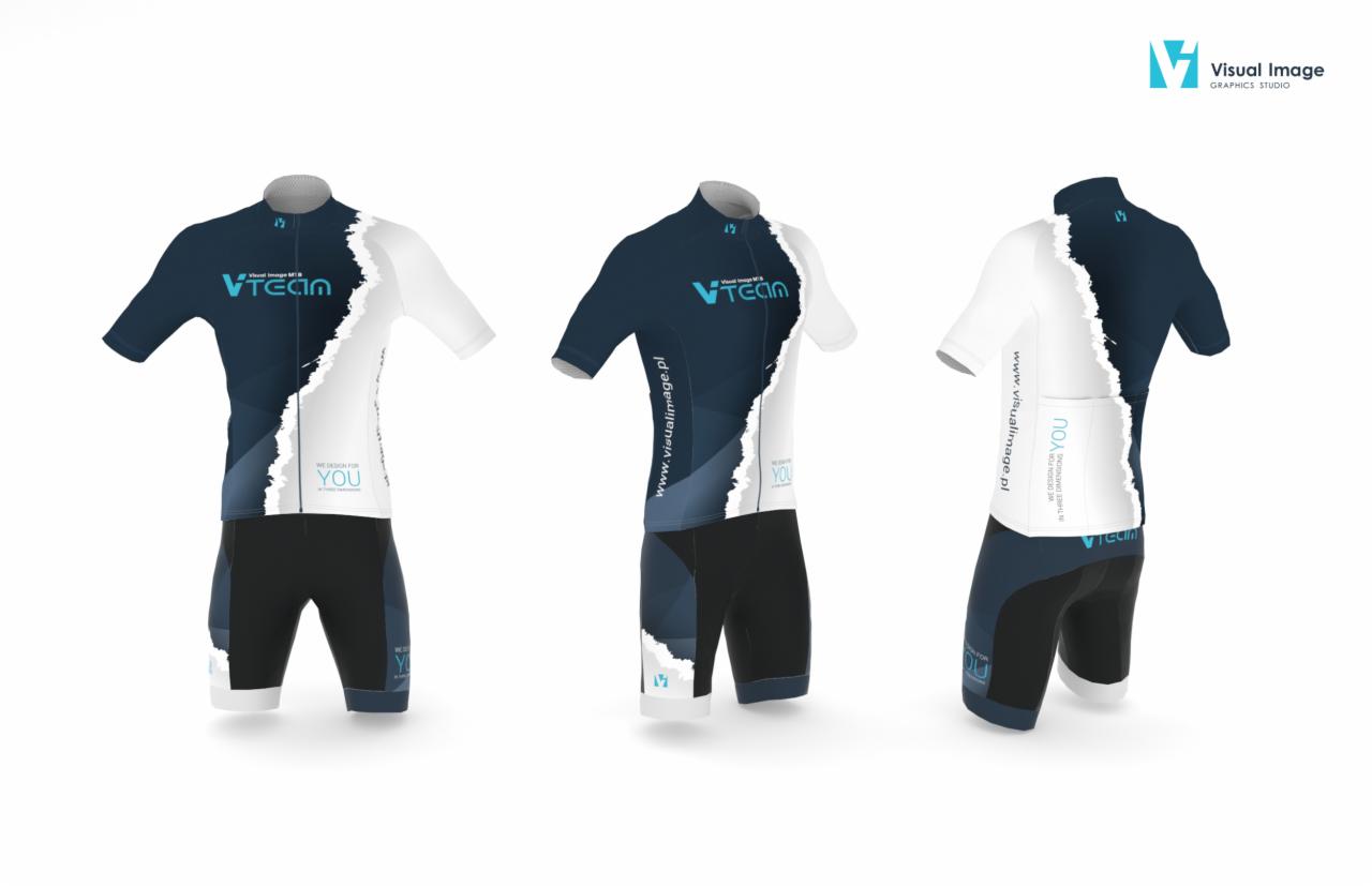 Projekt graficzny stroju kolarskiego z logo VTeam, prezentowany z przodu, boku i tyłu na białym tle.