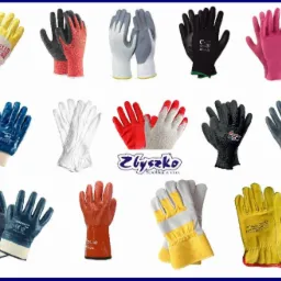 Kolekcja różnorodnych rękawic ochronnych i roboczych, w tym skórzanych, gumowych i tekstylnych, w różnych kolorach i wzorach, prezentowanych na białym tle.
