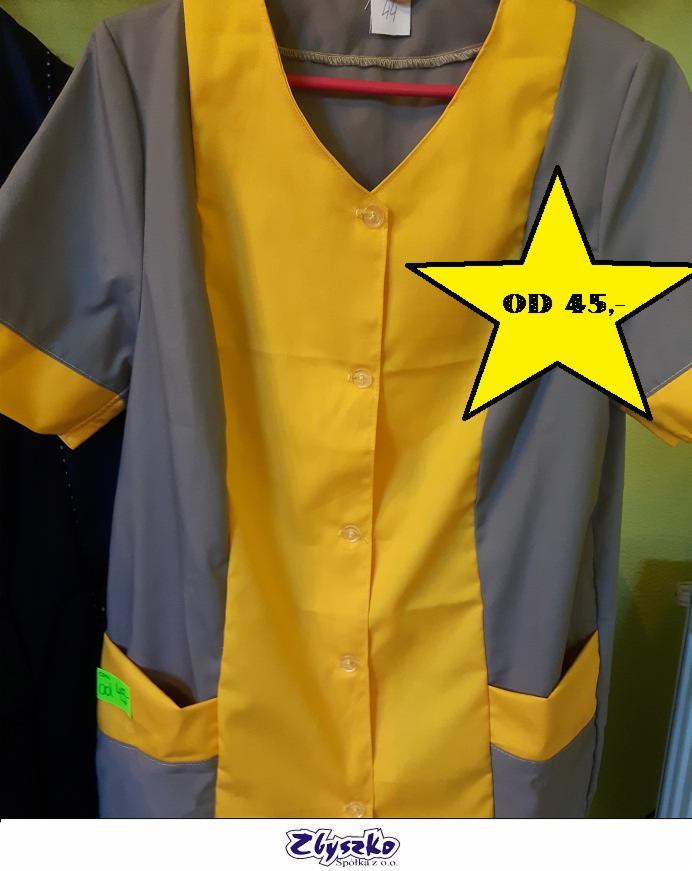 Szaro-żółta bluza robocza z krótkim rękawem, zapinana na guziki, z naszytymi kieszeniami, prezentowana na wieszaku, z żółtą gwiazdą z napisem 'od 45,- ' nałożoną na zdjęcie.