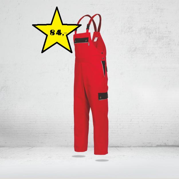 Czerwone ogrodniczki robocze z czarnymi wstawkami na kieszeniach, prezentowane na białym tle z ceglaną ścianą, obok ceny z gwiazdką.